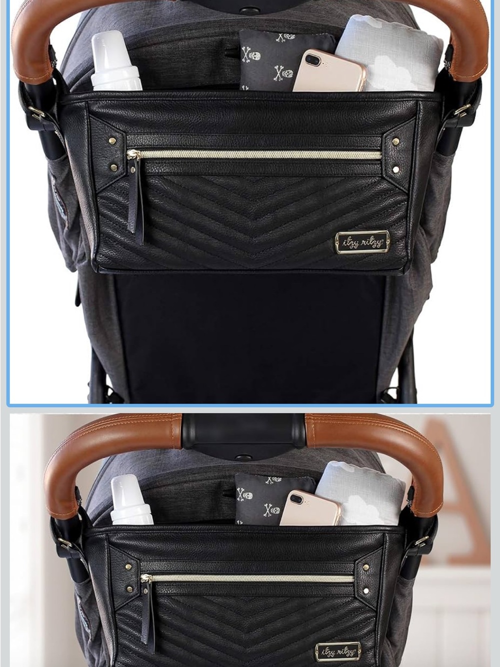 Itzy Ritzy Adjustable Stroller Caddy and Organizer Bag (Black with Gold)